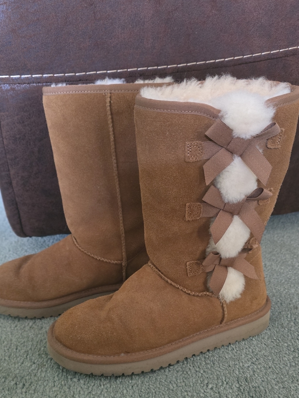 Koolaburra Chestnut Suede Shearling Bow Mid-Calf Winter Boots